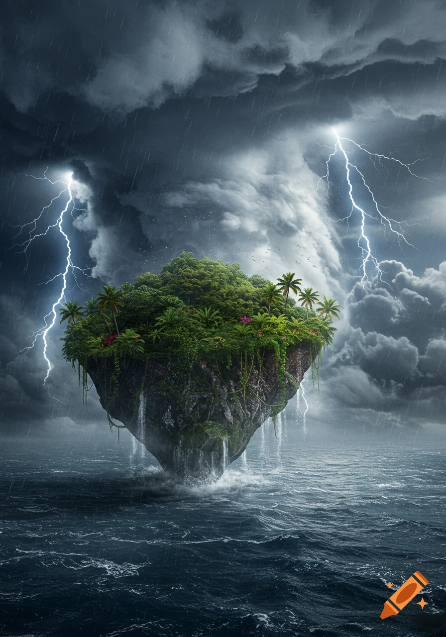 A floating tropical island in a stormy ocean with lightning and rain.