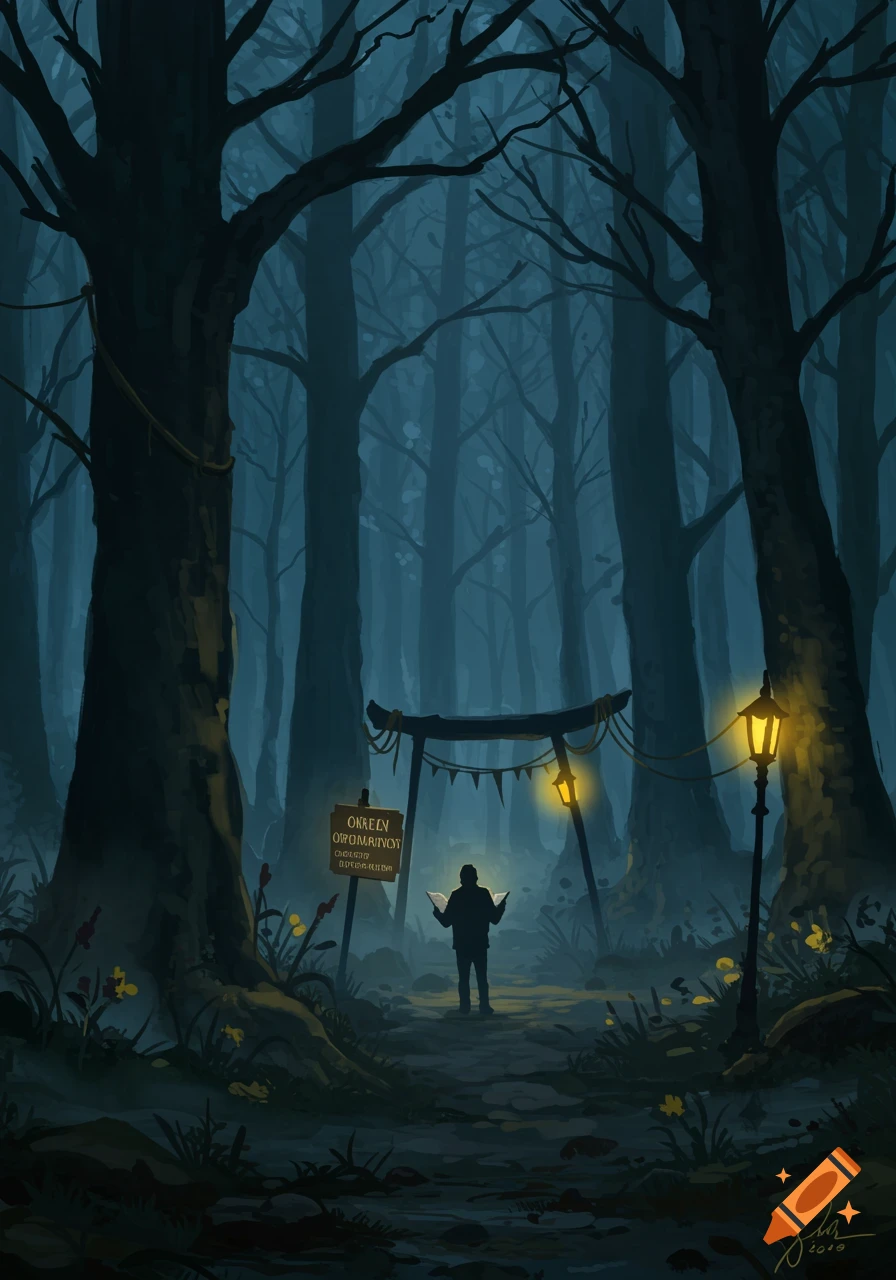 A person in silhouette stands in a dark, misty forest, illuminated by a glowing book and two lanterns, near a mysterious archway and an illegible sign.
