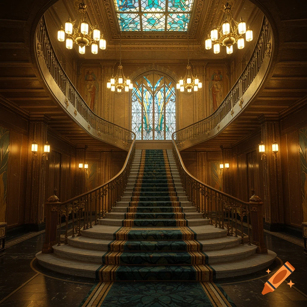 A grand Art Deco hall with a luxurious curving staircase, stained glass windows, and ornate chandeliers.