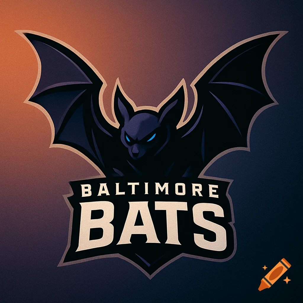 A sports team logo featuring a stylized black bat with blue eyes and spread wings, above the text 'BALTIMORE BATS'.