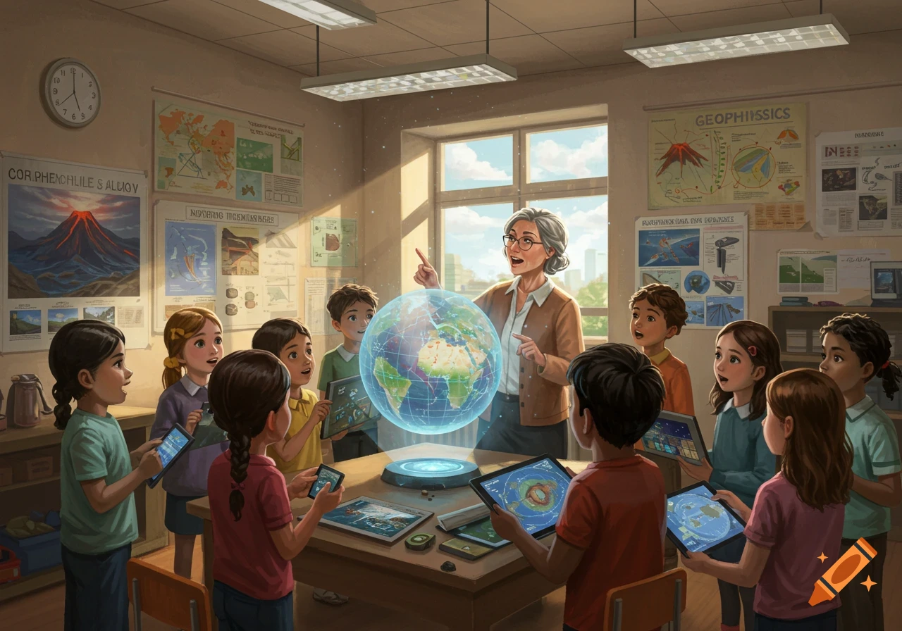 A teacher explains a holographic globe to a group of diverse children in a classroom filled with science posters.
