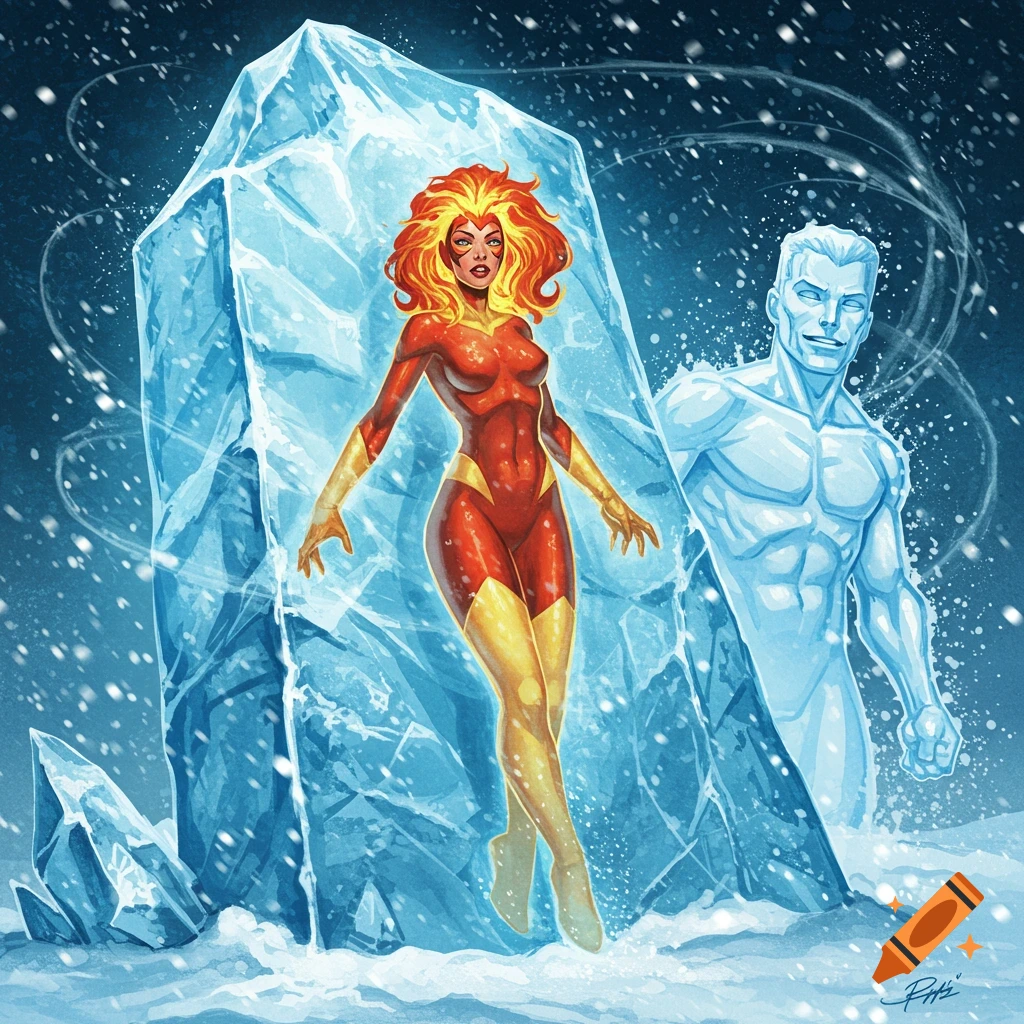 Comic art of Firestar in a red suit frozen in a large ice block, with Iceman smiling behind her in a snowy landscape.