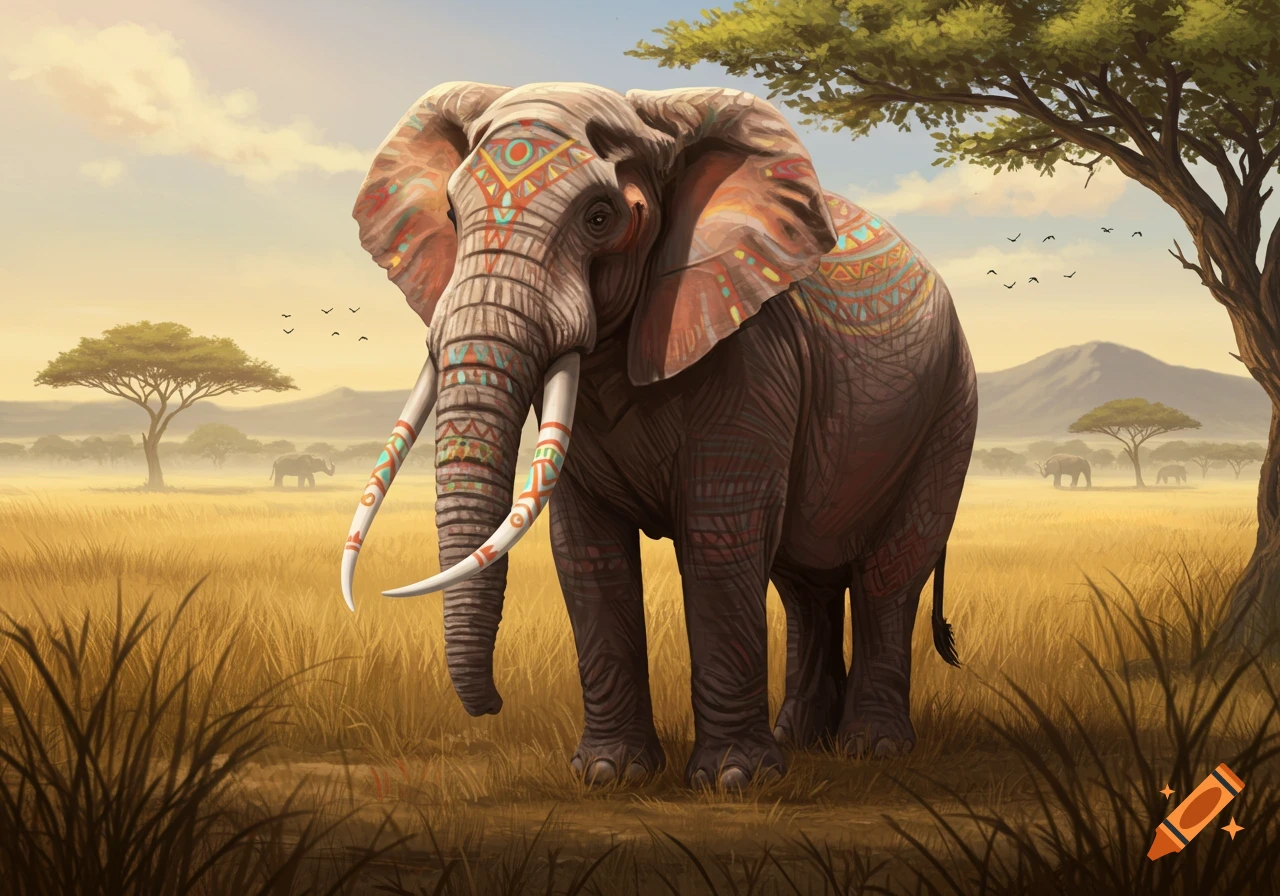 An elephant adorned with colorful tribal patterns stands in a sunlit savanna, with other elephants and acacia trees in the background.