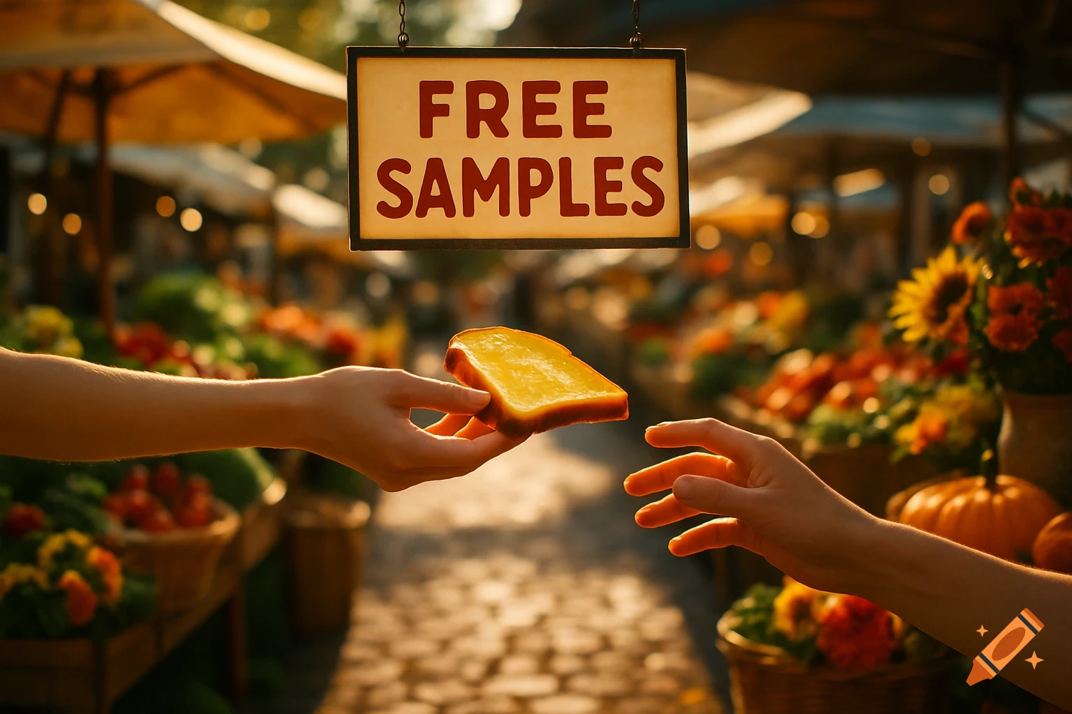 A person's hand offers a slice of buttered toast to another person's hand under a 'FREE SAMPLES' sign at a sunny farmers market.