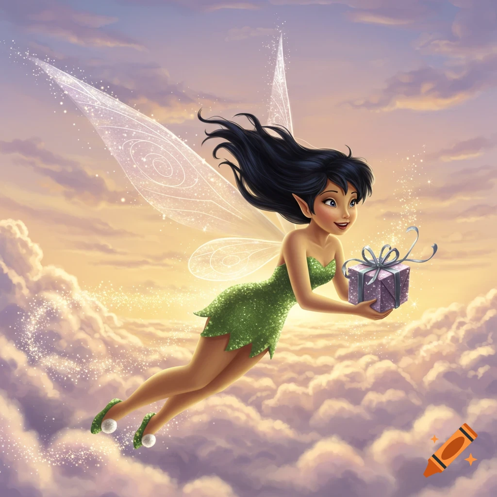 A black-haired fairy in a green dress with wings flies through clouds, holding a sparkling purple gift box.