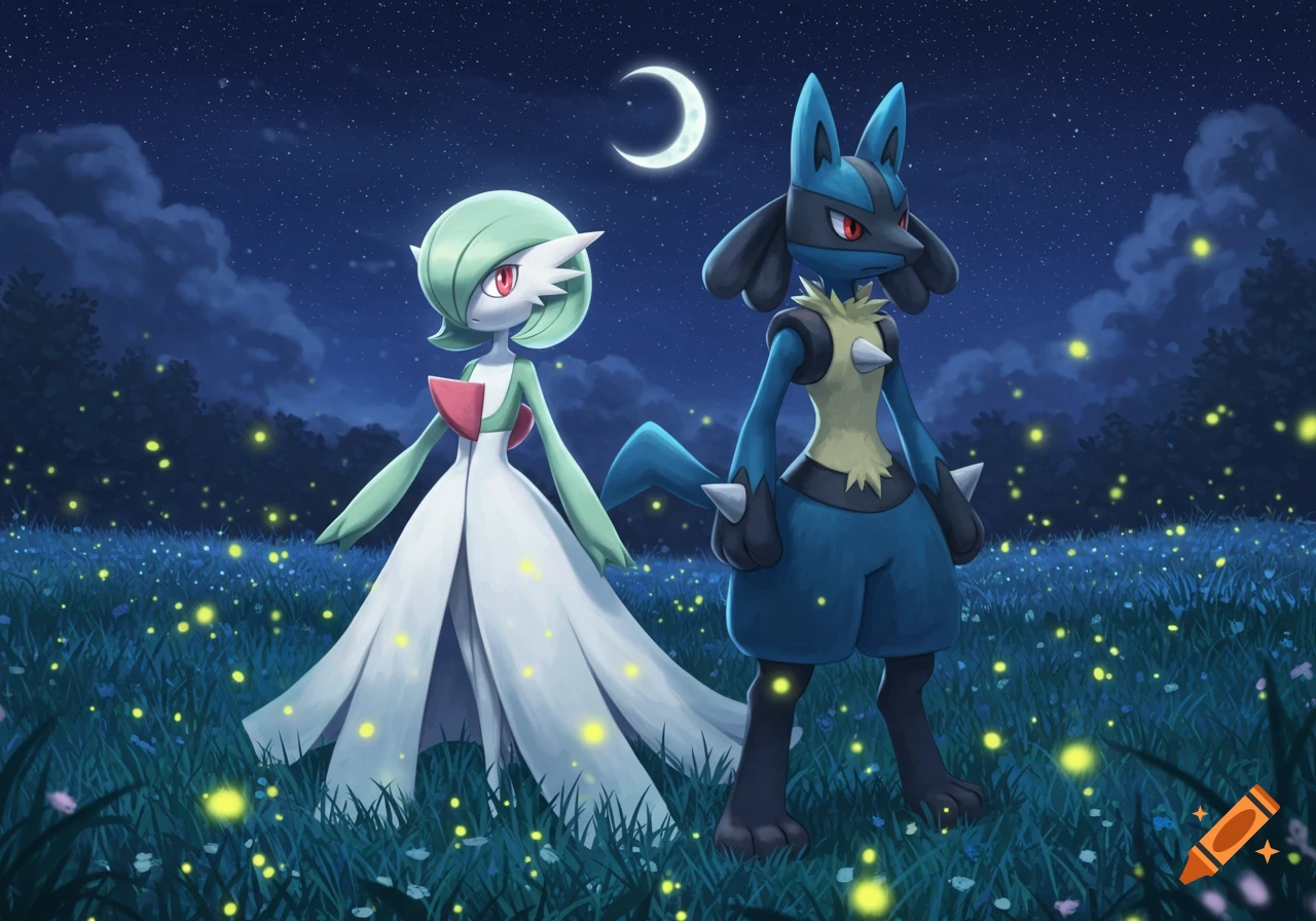 Gardevoir and Lucario stand in a glowing field under a crescent moon at night.