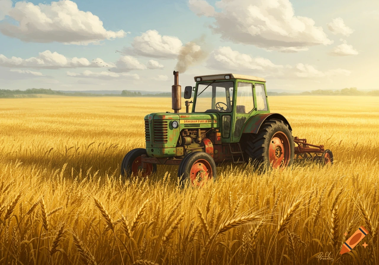 A green and red tractor sits in a vast golden wheat field under a blue sky with white clouds.