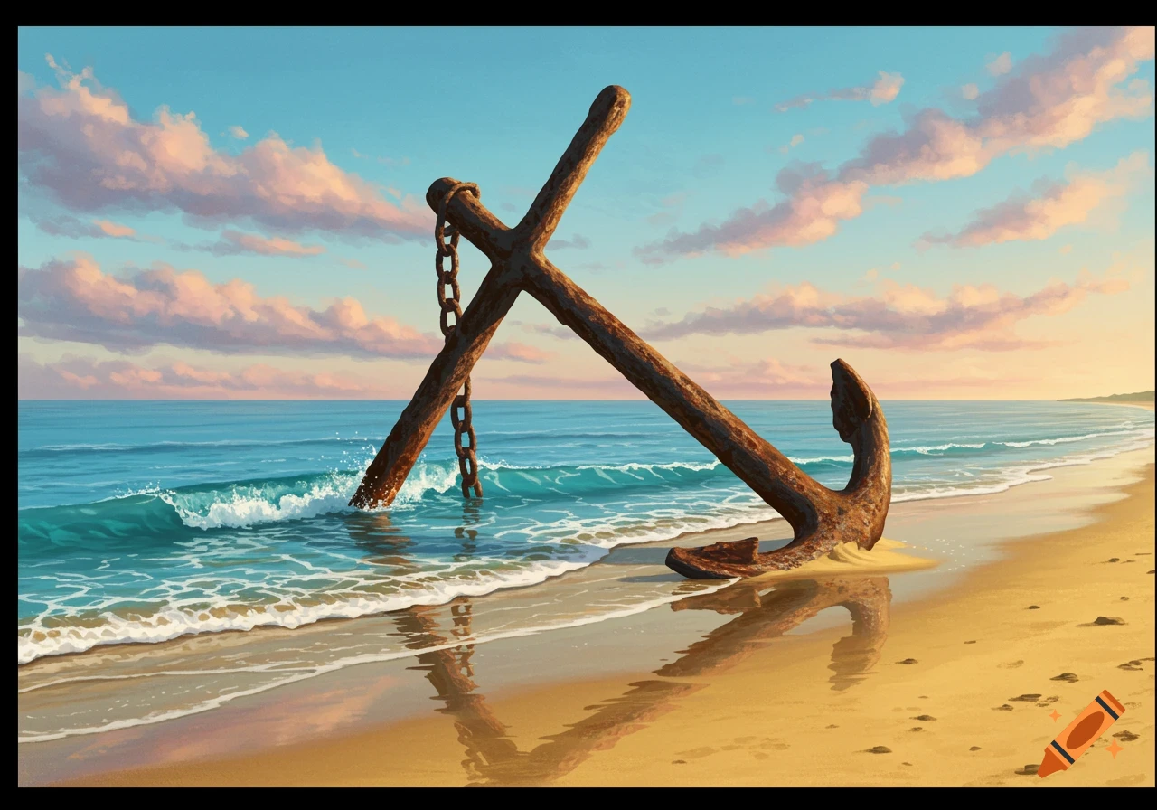 A large rusty anchor half-submerged in the ocean waves on a sandy beach at sunset, with a clear sky and pink clouds.