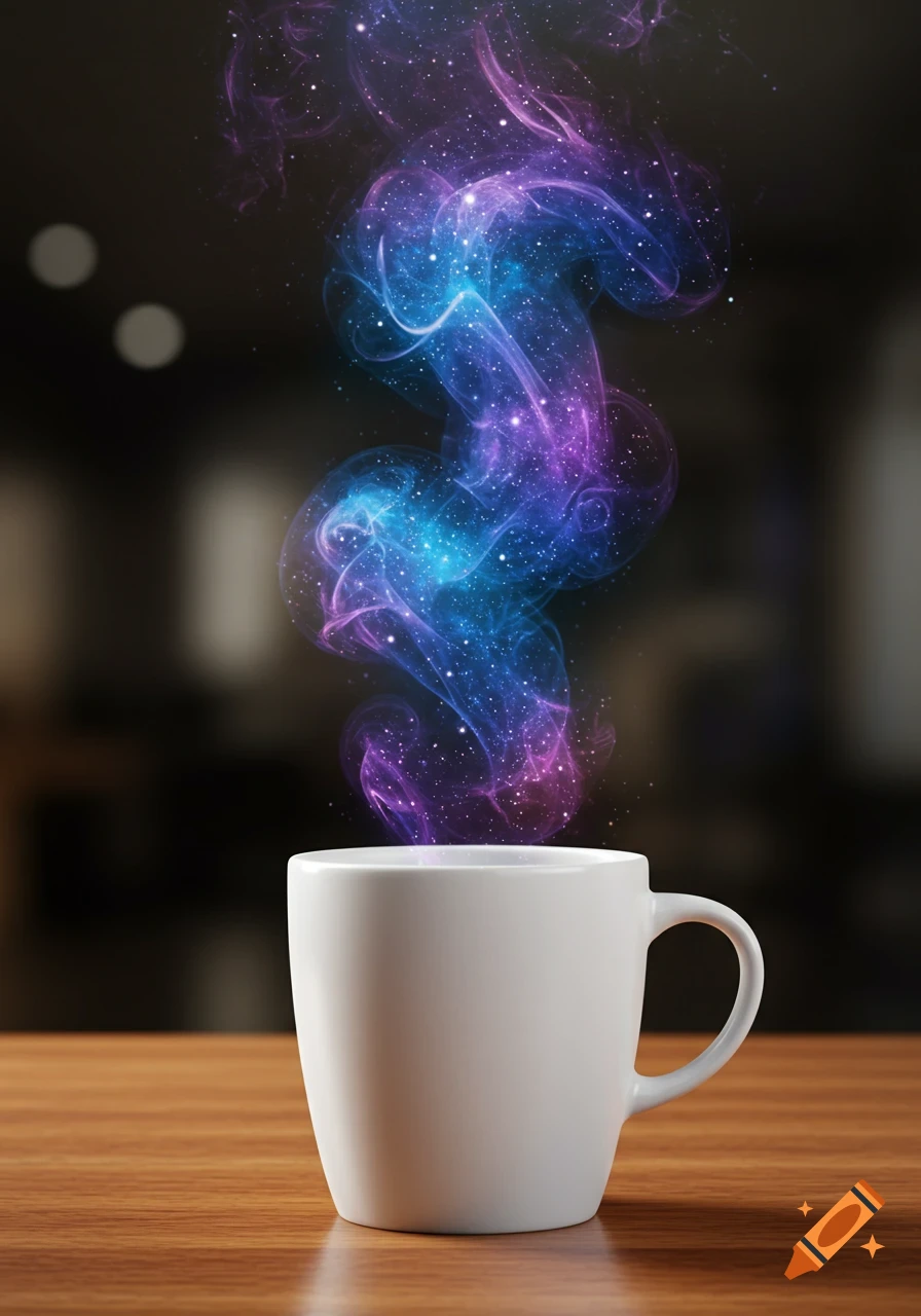 A photorealistic white coffee mug sits on a wooden table, with vibrant blue and purple galaxy-like steam swirling upwards from it.