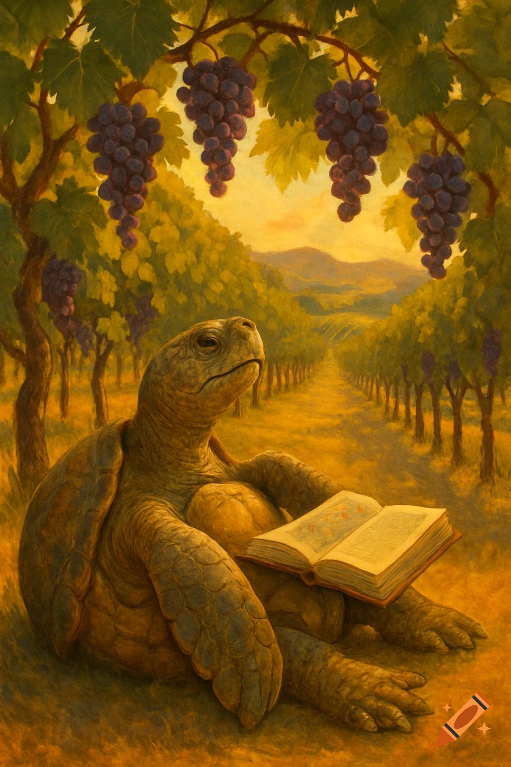 A painterly image of a large turtle sitting and reading an open book in a sunny vineyard with purple grapes hanging above.