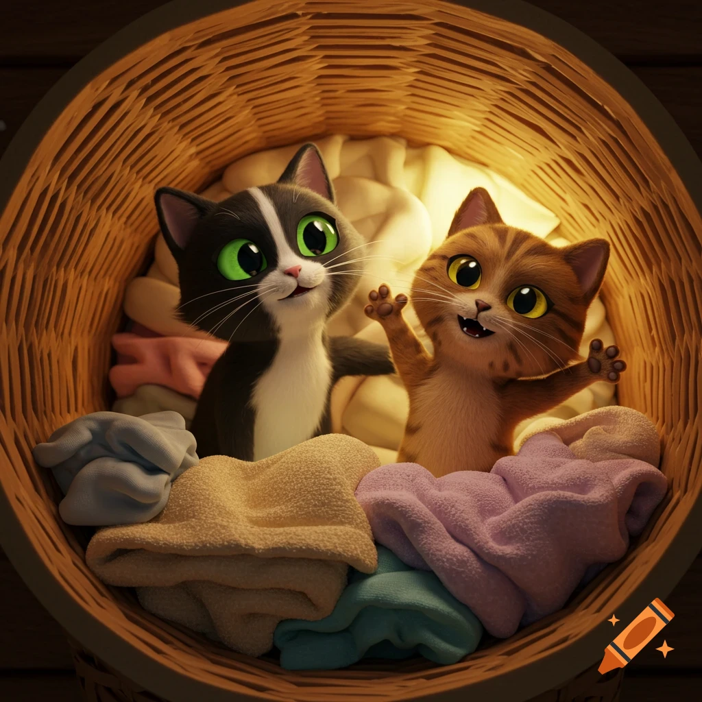 Two cute 3D animated cartoon cats, a black and white tuxedo and a brown striped cat, play in a laundry basket full of clothes.