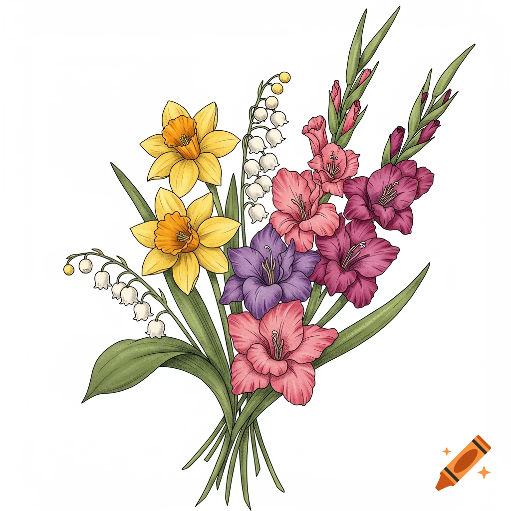 An illustration of a vibrant bouquet featuring yellow daffodils, white lily of the valley, and pink and purple gladiolus flowers.