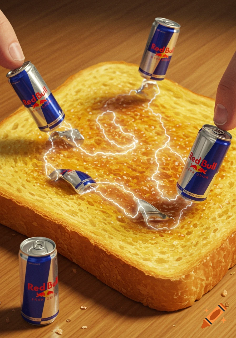 Mini Red Bull cans connected by lightning bolts on a slice of toast with fingers holding two cans.