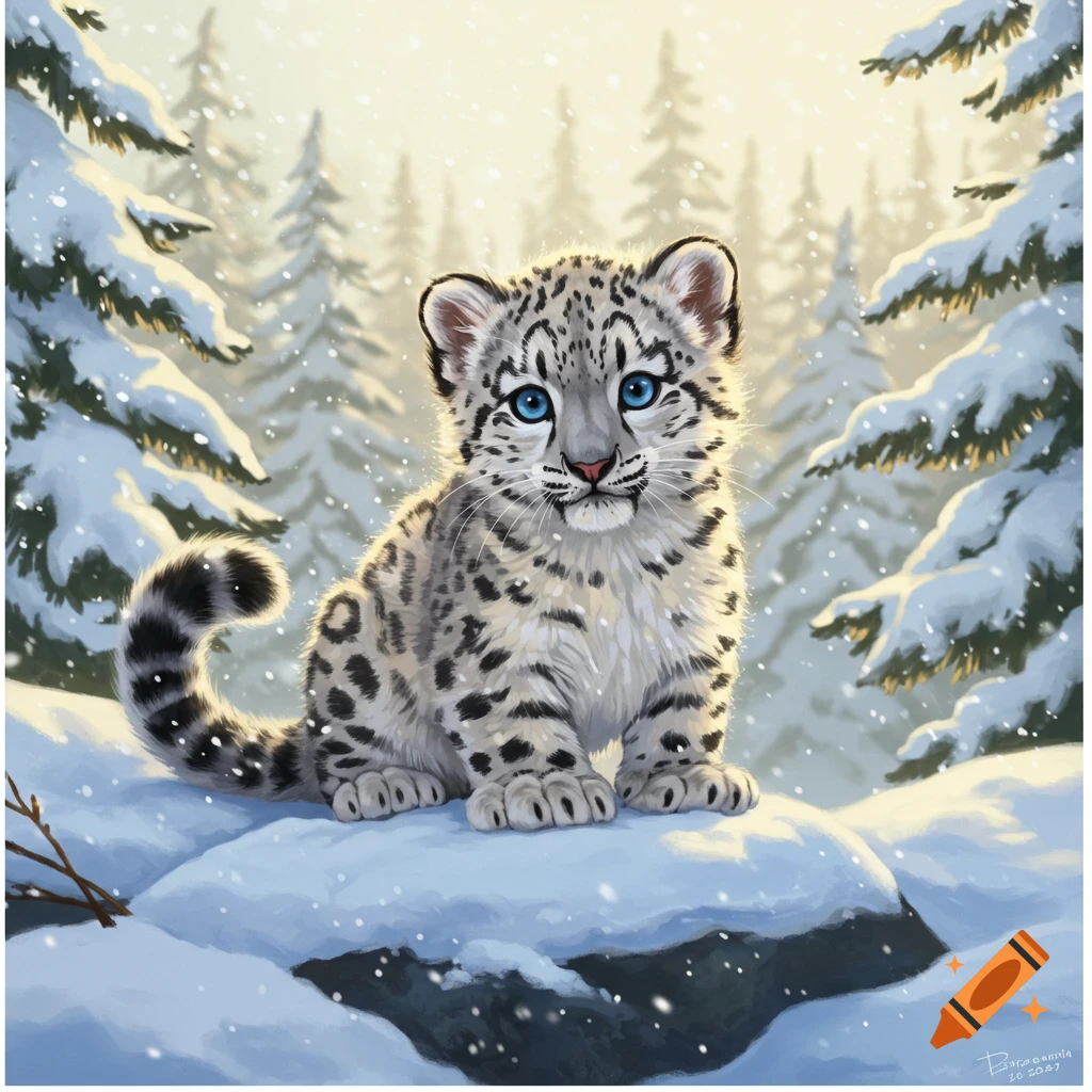 A cute snow leopard cub with blue eyes sits in a snowy forest during snowfall, with trees and a bright background.