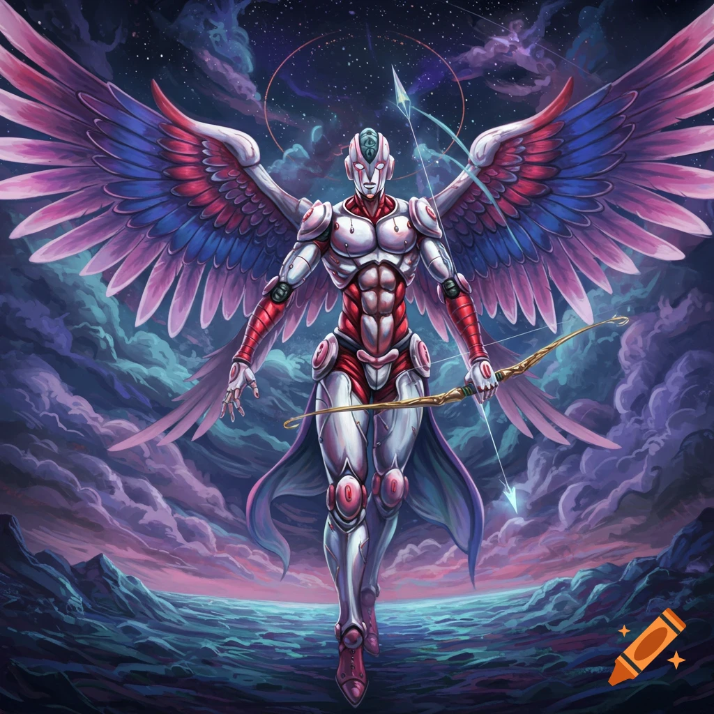 A winged humanoid figure, resembling a robot or cyborg, holds a bow and arrow against a cosmic, cloudy background.