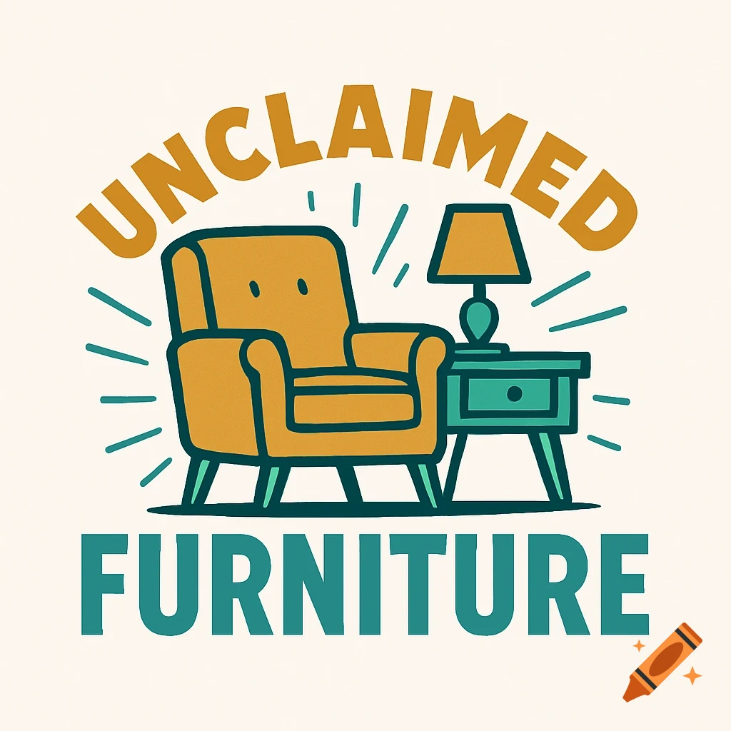 Retro 50s line art logo for Unclaimed Furniture, featuring an armchair, a lamp, and a side table.
