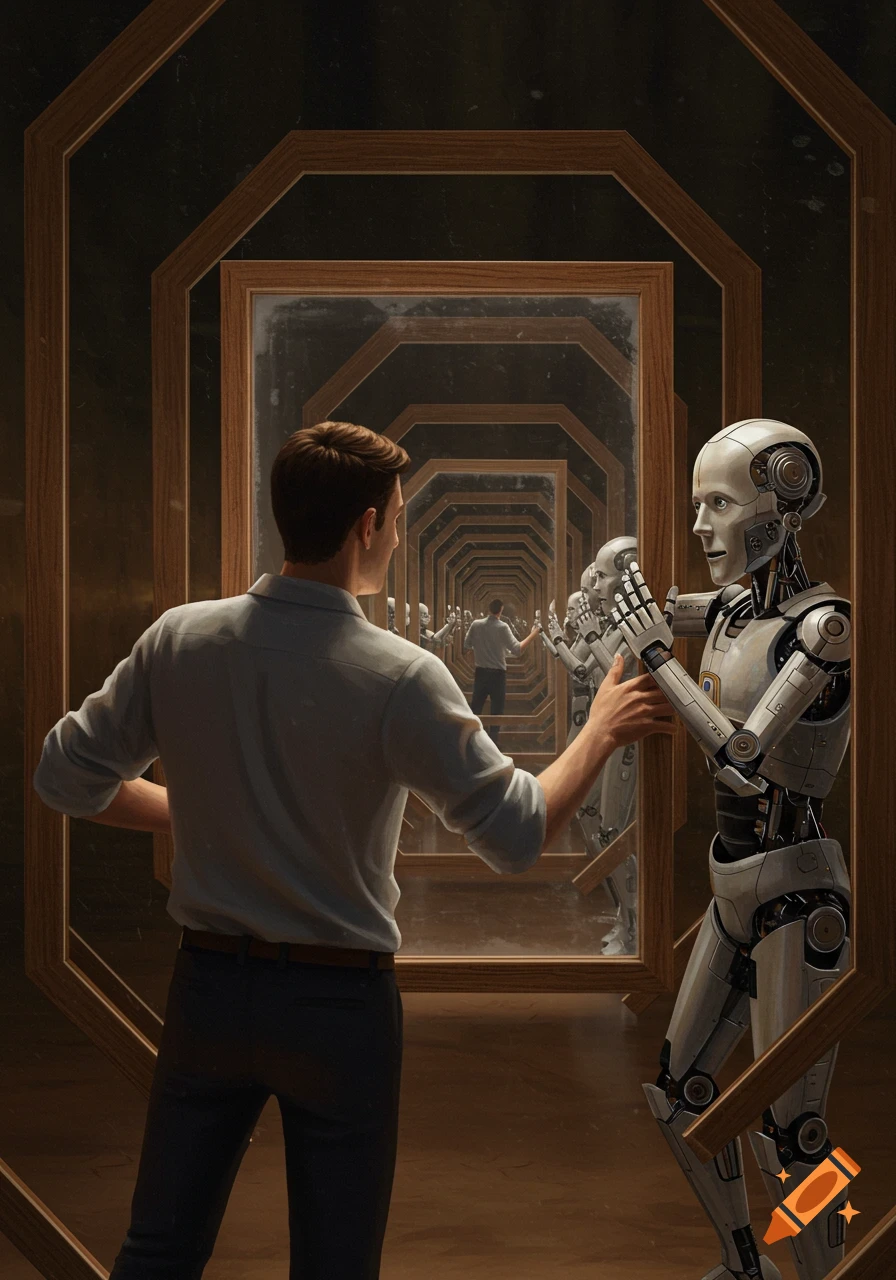 A man and a robot face each other, holding mirrors that create an endless reflection of themselves in a photorealistic infinity mirror illusion.