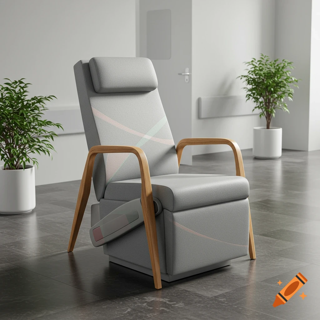 A modern gray recliner chair with wooden armrests sits in a minimalist white room with potted plants.