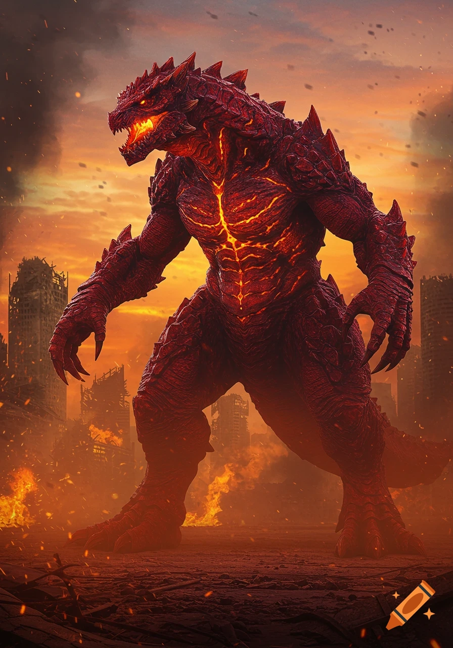 A colossal red monster with glowing eyes and lava-like cracks on its body stands in a fiery, ruined city under an orange sky.