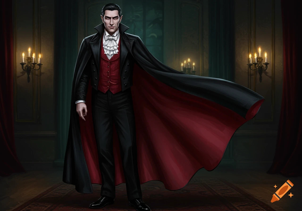 An illustrated image of Dracula, wearing a black cloak with a red lining, a red vest, and a white ruffled shirt, standing in a gothic room.