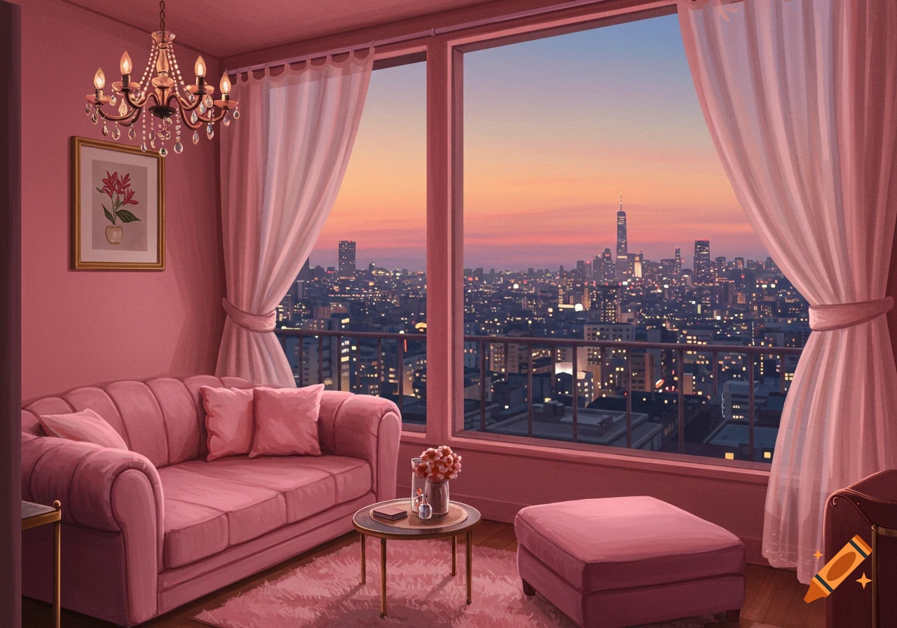 An illustrated cozy pink penthouse living room with a sofa and chandelier, looking out at a city skyline at dusk.