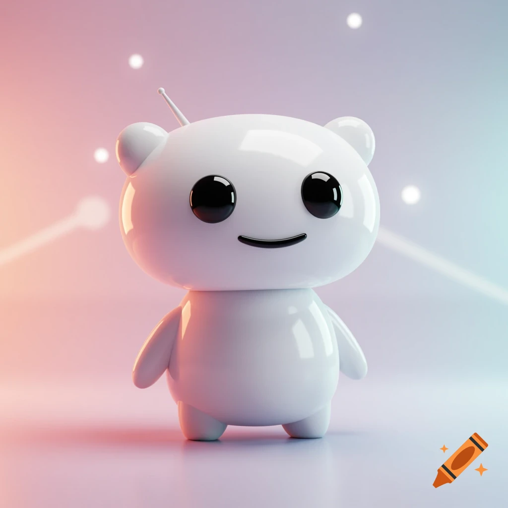 A cute, glossy white Reddit Snoo mascot with big black eyes and a cheerful smile stands against a pink and blue gradient background.