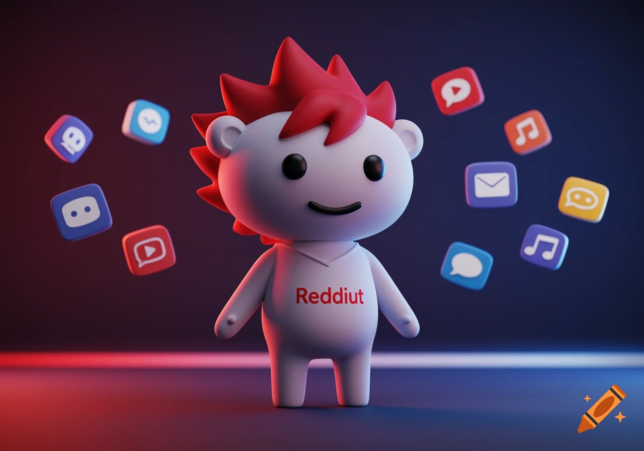 A stylized, white Reddit-like mascot character with red spiky hair stands on a dark surface with red and blue lighting, surrounded by floating, colorful social media app icons.