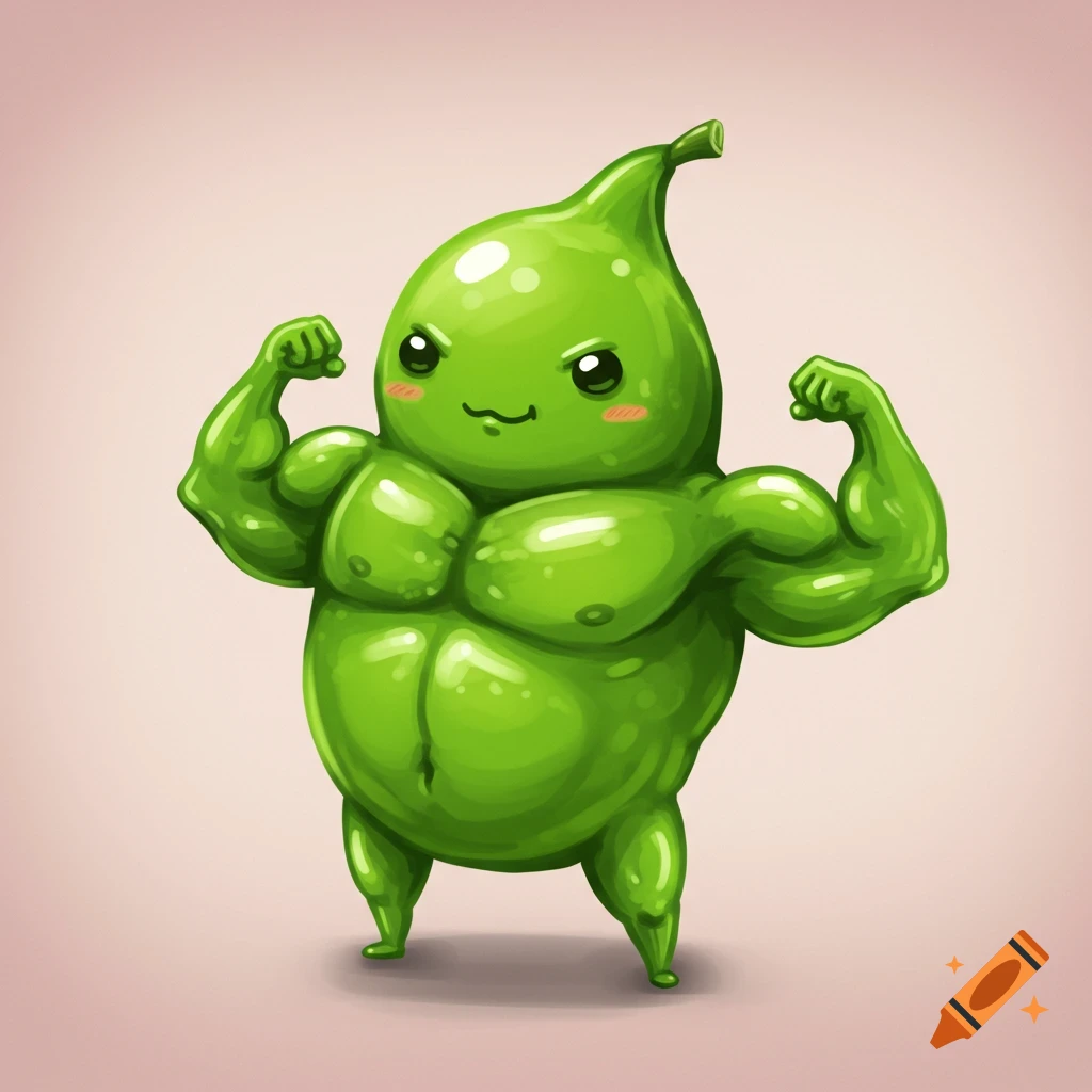 A cute, muscular green edamame bean character with large biceps flexing, in a chibi cartoon style.