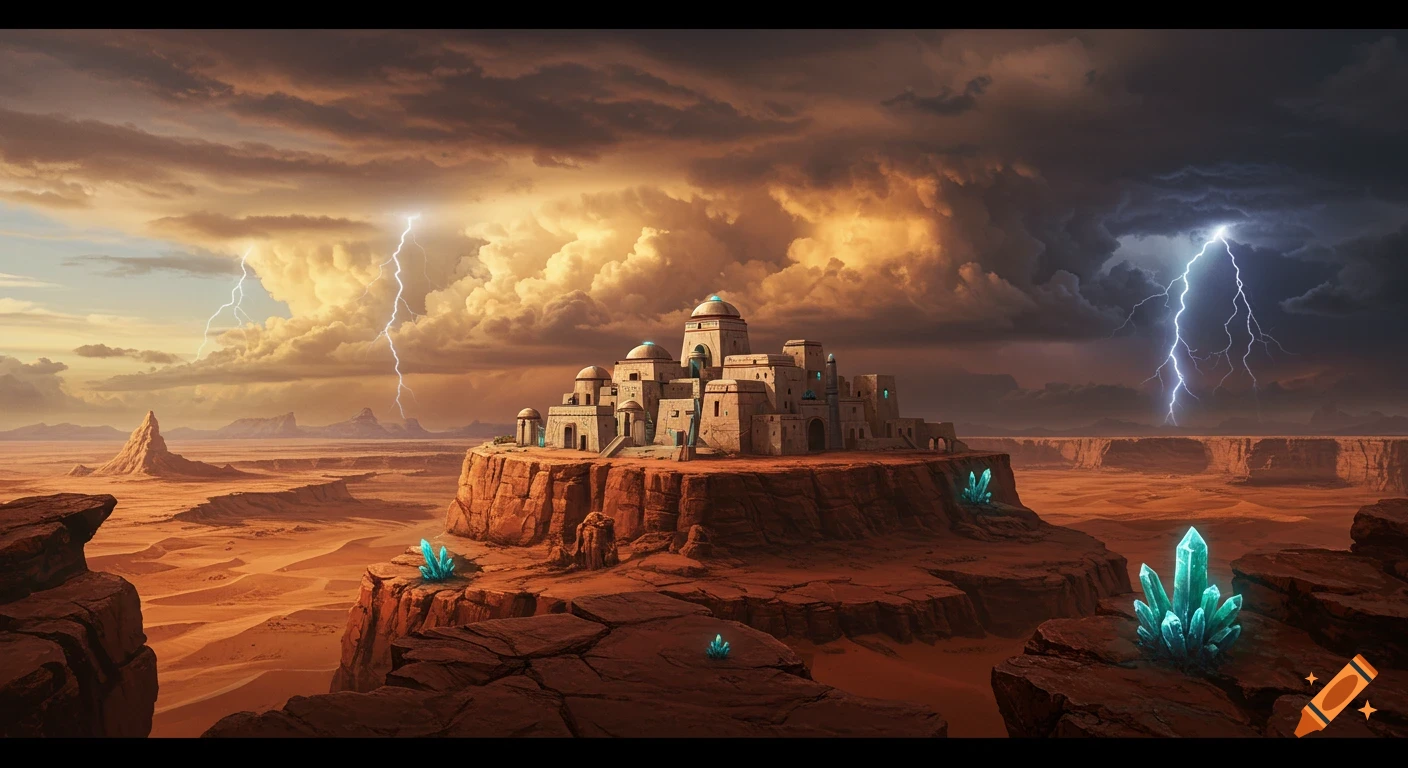 Ancient village on a desert plateau under a dramatic stormy sky with lightning, featuring glowing crystals.