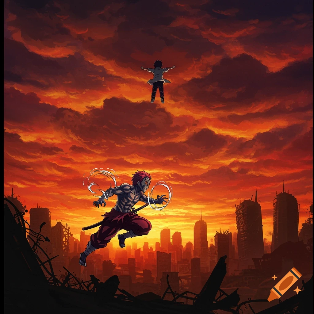 An anime scene of Akaza leaping over a ruined city, with a boy floating in a vibrant orange and red sky.