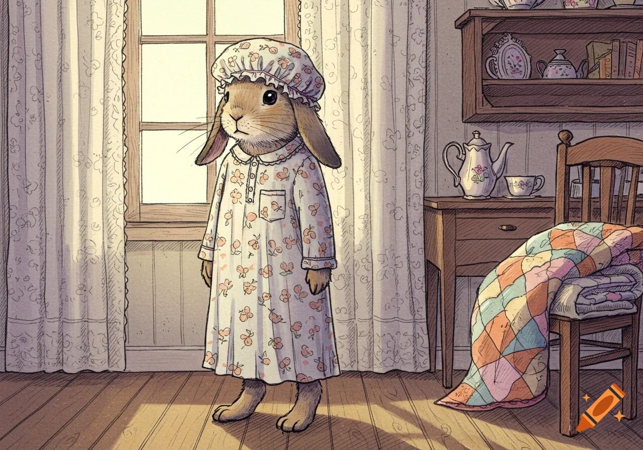 An illustration of an anthropomorphic rabbit wearing a floral nightgown and bonnet, standing by a window in a softly lit room.