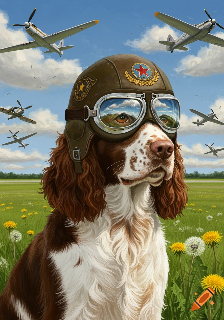 A photorealistic illustration of a brown and white Springer Spaniel wearing a flight helmet and goggles, standing in a field with airplanes flying overhead.