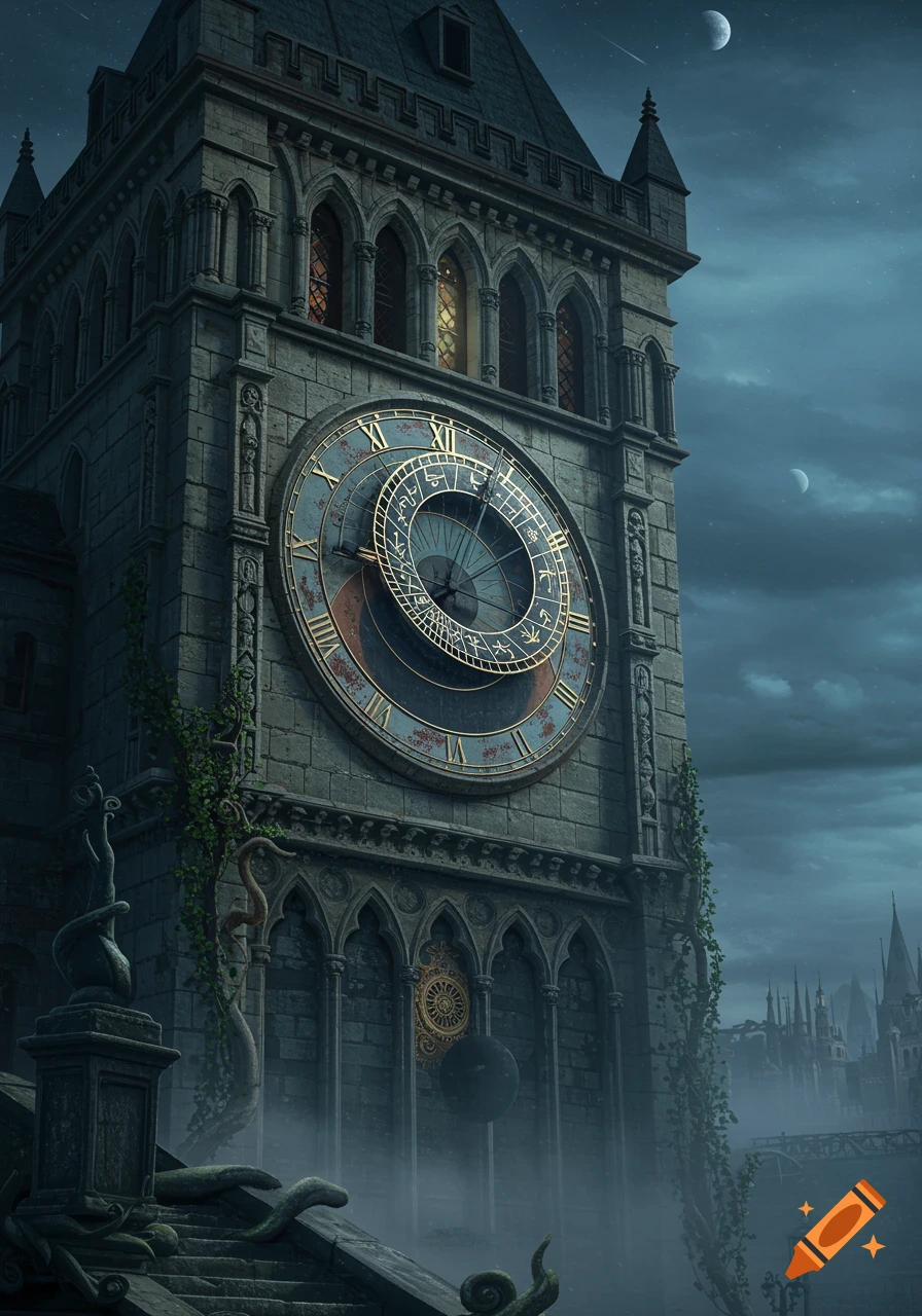 A detailed, moody image of a gothic clock tower with an elaborate astronomical clock face under a cloudy night sky.