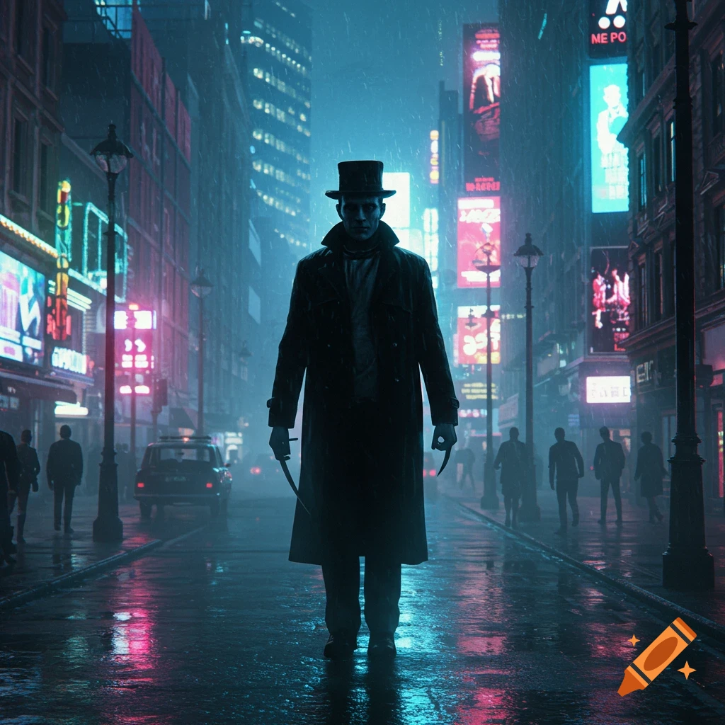 A silhouetted figure in a long coat and top hat stands in the rain on a neon-lit city street at night, holding two small blades.