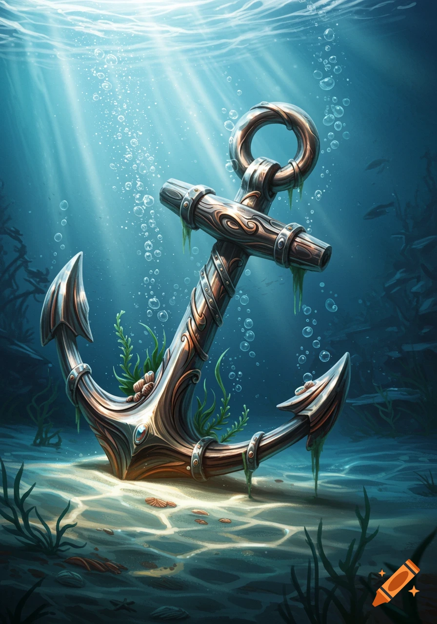 A stylized metallic anchor rests on the sandy bottom of the ocean, bathed in shimmering light rays from above, surrounded by bubbles and aquatic plants.