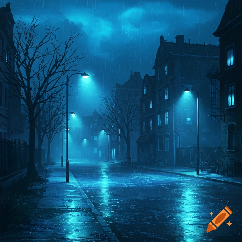 A dark, rainy city street at night, illuminated by blue streetlights reflecting on the wet pavement.