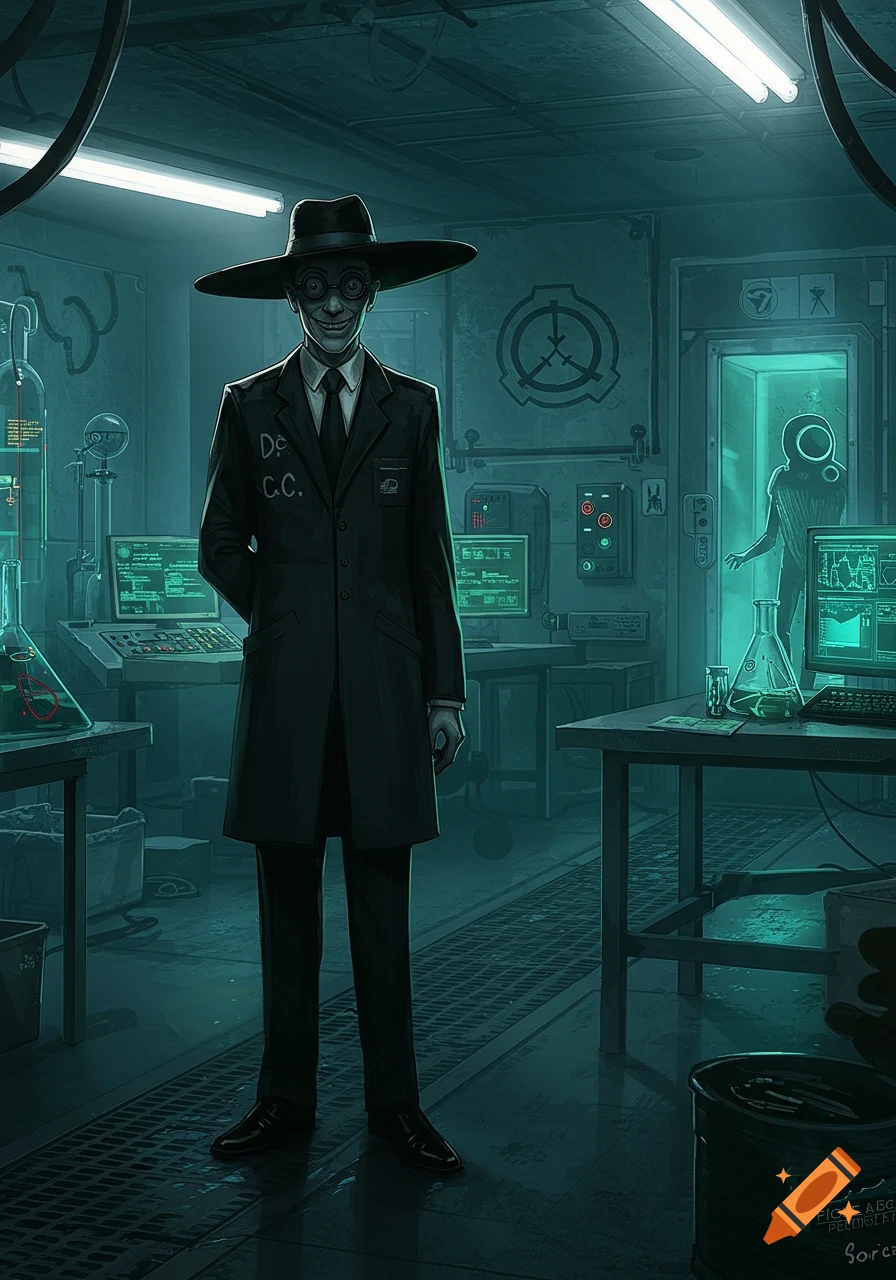 A grinning man in a wide-brimmed hat and lab coat stands in a dimly lit, eerie green SCP lab with equipment and a figure in a doorway.