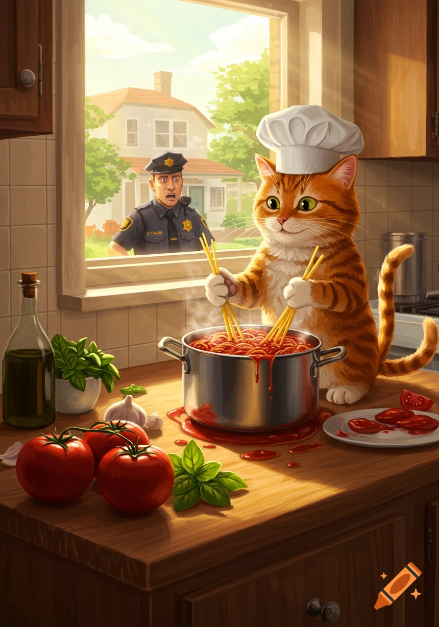 An orange tabby cat wearing a chef hat stirs spaghetti in a pot, spilling sauce on the counter, while a shocked police officer looks through the kitchen window.