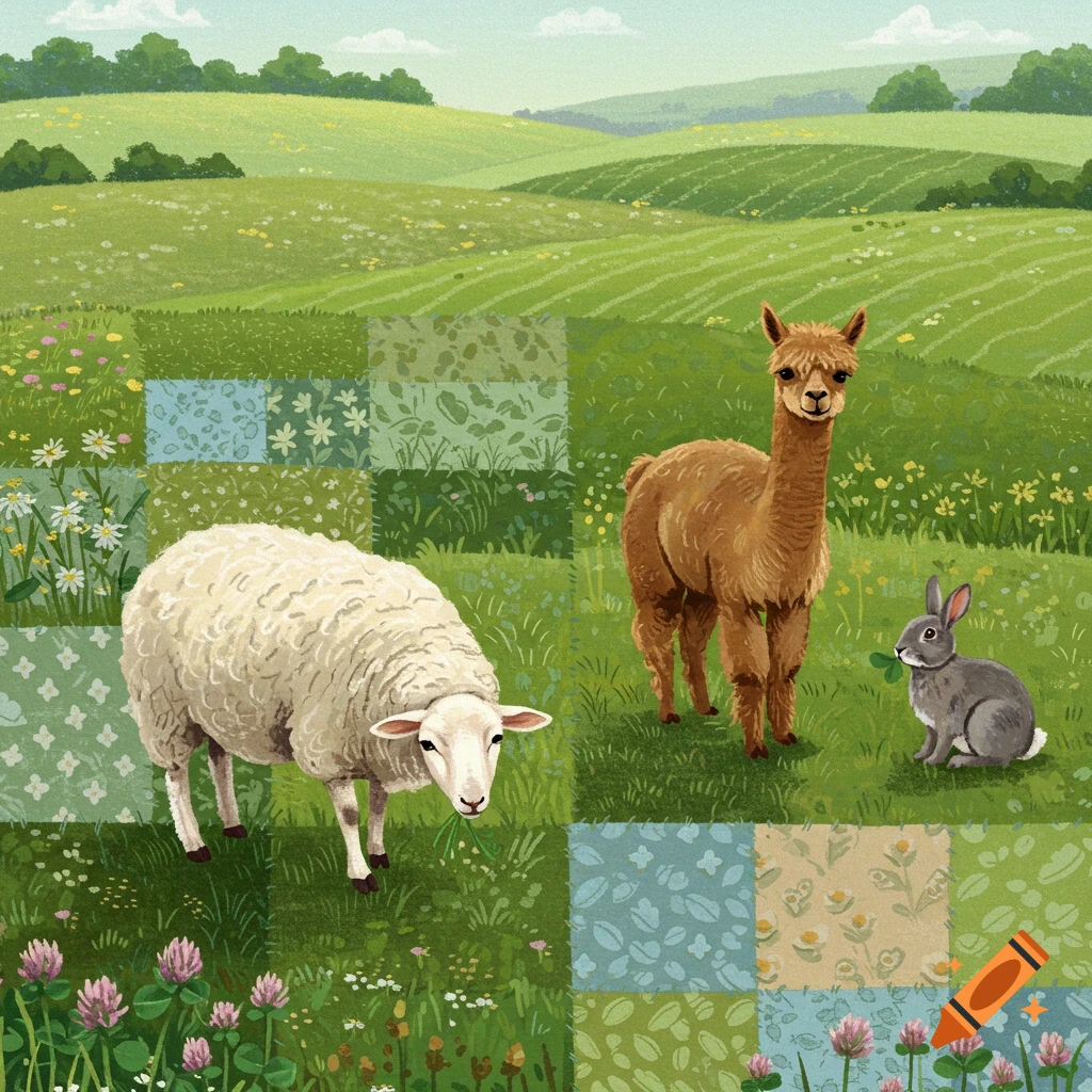 An illustration of a green pasture with a patchwork quilt pattern, featuring a white sheep, a brown alpaca, and a gray rabbit grazing.