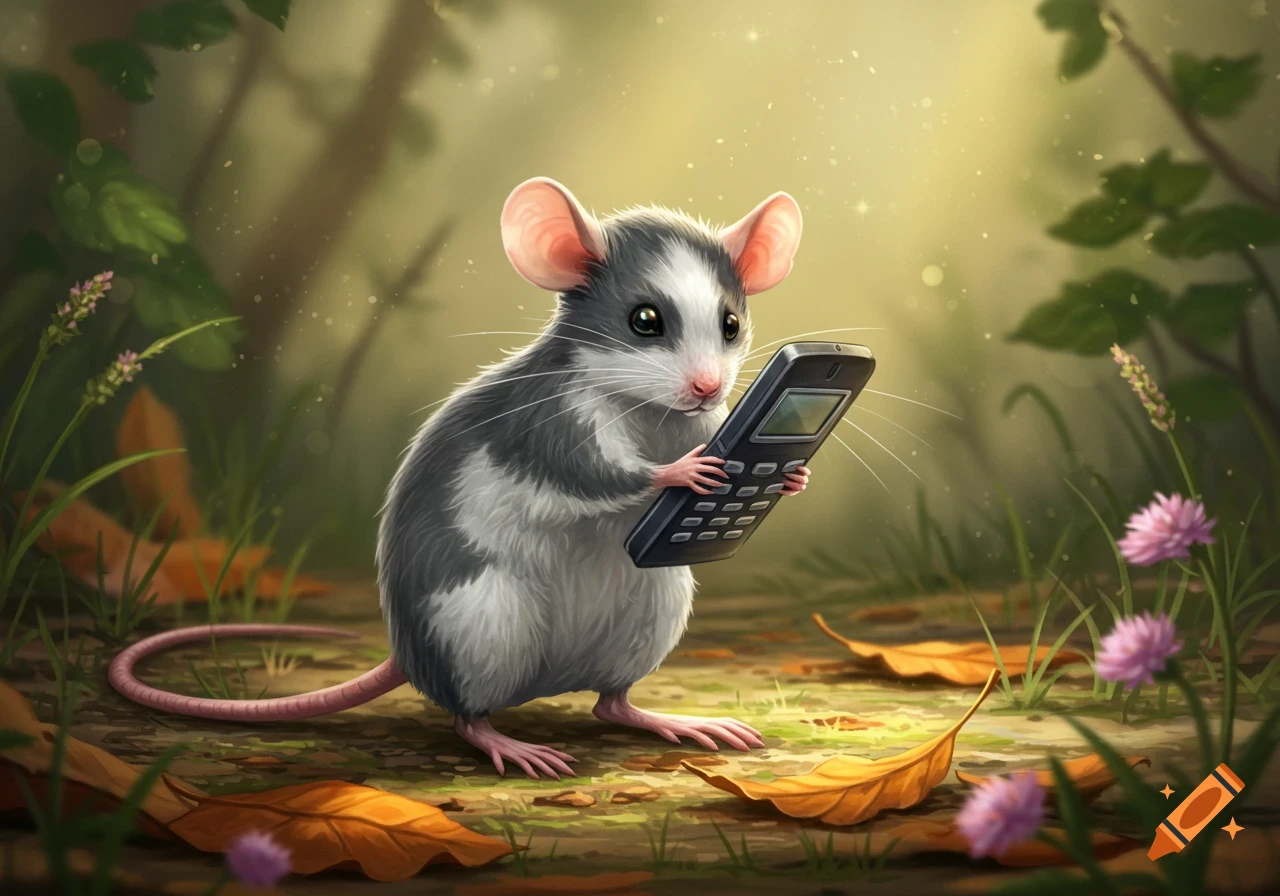 A cute cartoon mouse with white and gray fur holds a black flip phone in a forest setting with autumn leaves.