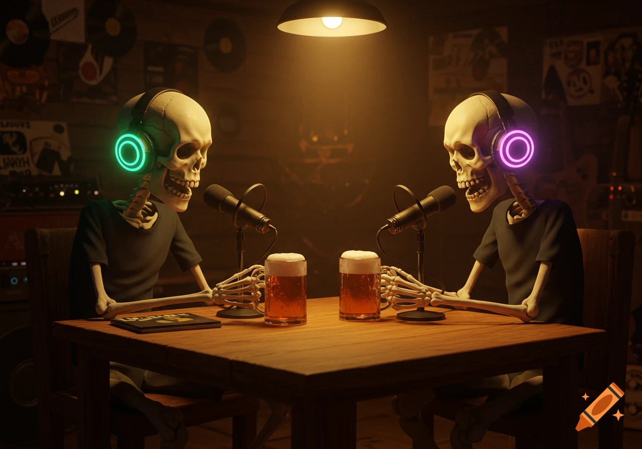 Two skeletons in headphones and shirts sit at a table with microphones and beers, doing a podcast in a dimly lit room. 3D render.