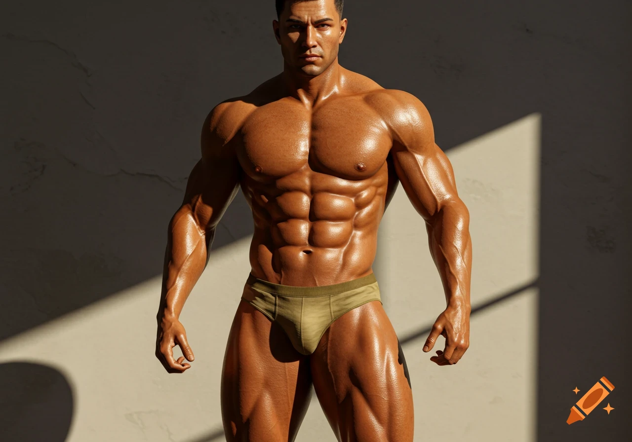 A photorealistic image of a very muscular, tan male bodybuilder wearing olive briefs, posing in a room with strong sunlight.