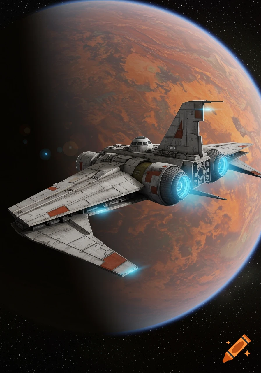 A white and orange spaceship with glowing blue engines orbits a reddish-orange planet in space.