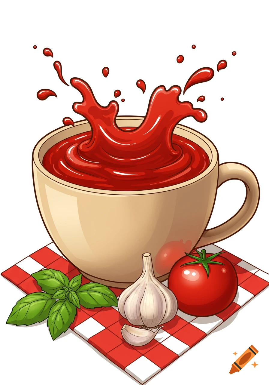 Cartoon illustration of marinara sauce splashing out of a beige cup, with a tomato, garlic, and basil leaves on a red and white checkered tablecloth.