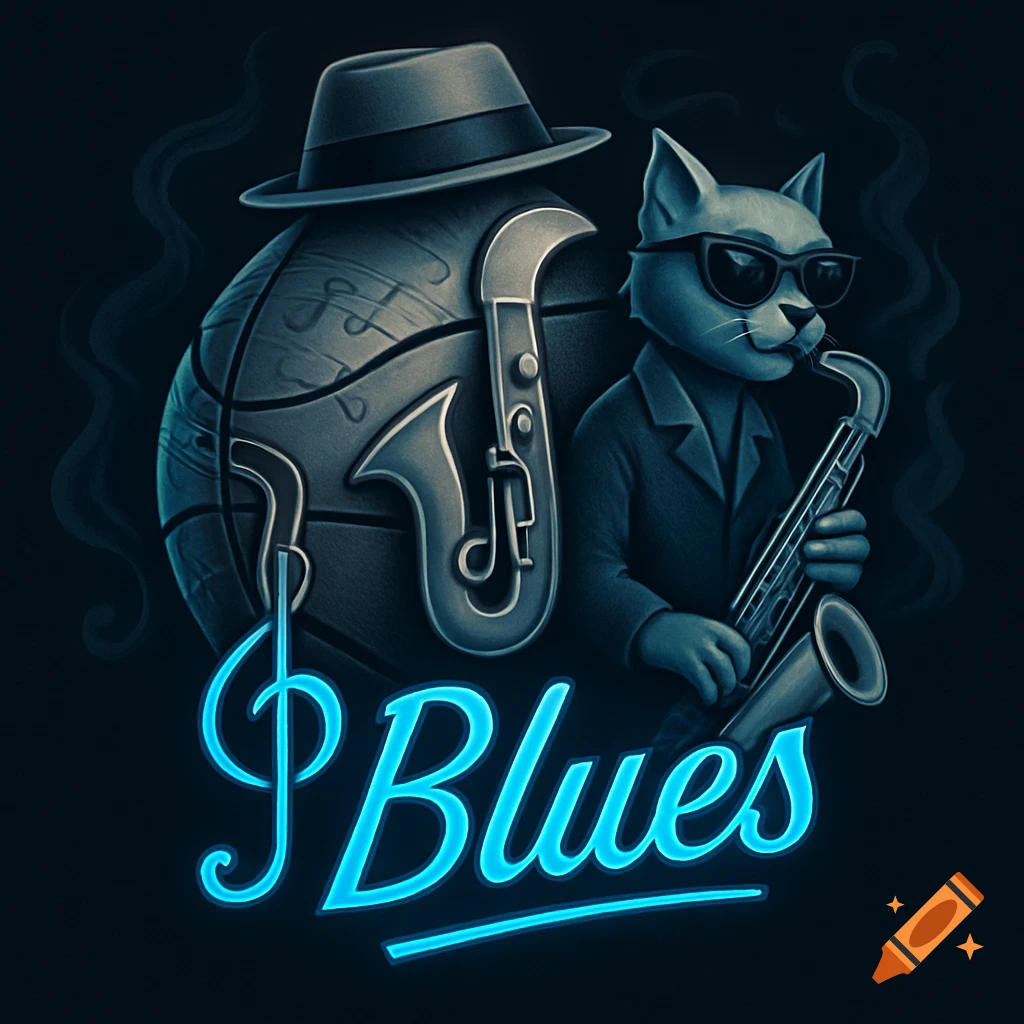 A cool cat in sunglasses plays a saxophone beside a musical basketball with a fedora, illuminated by glowing blue 'Blues' text.