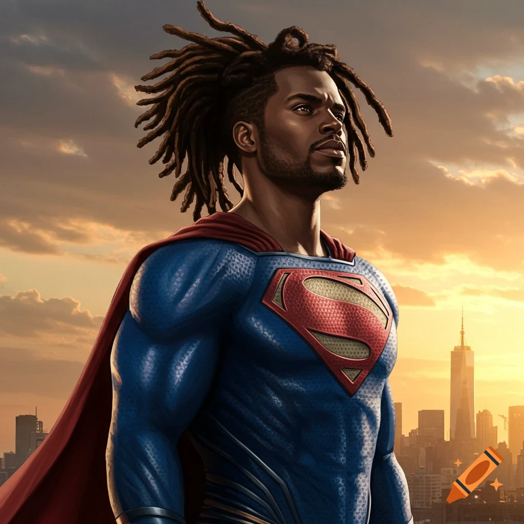 A photorealistic portrait of a Black man with dreadlocks, wearing a Superman suit, looking heroically over a city skyline at sunset.