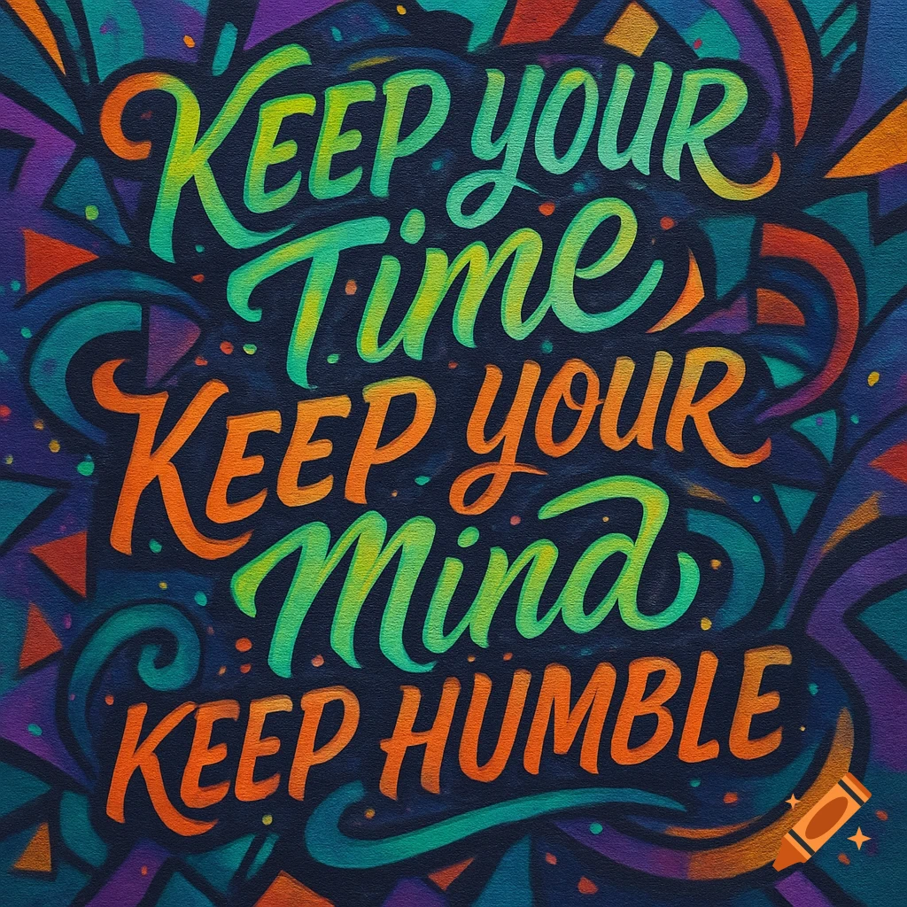 Colorful, stylized lettering on a dark, patterned background reads 'Keep your Time, Keep your Mind, Keep Humble'.