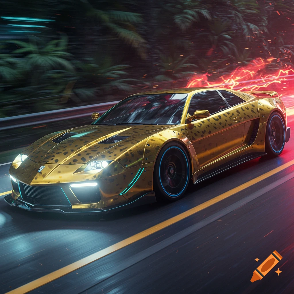 A golden cheetah-patterned sports car with glowing blue accents speeds down a highway at night, with red lightning in the background.