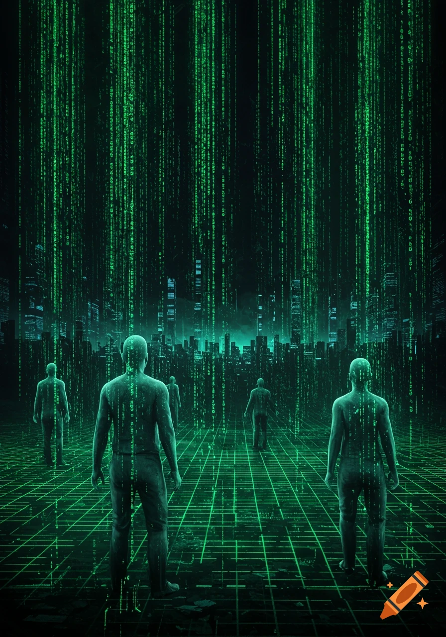 Figures stand on a digital grid looking at a futuristic city under falling green Matrix code.