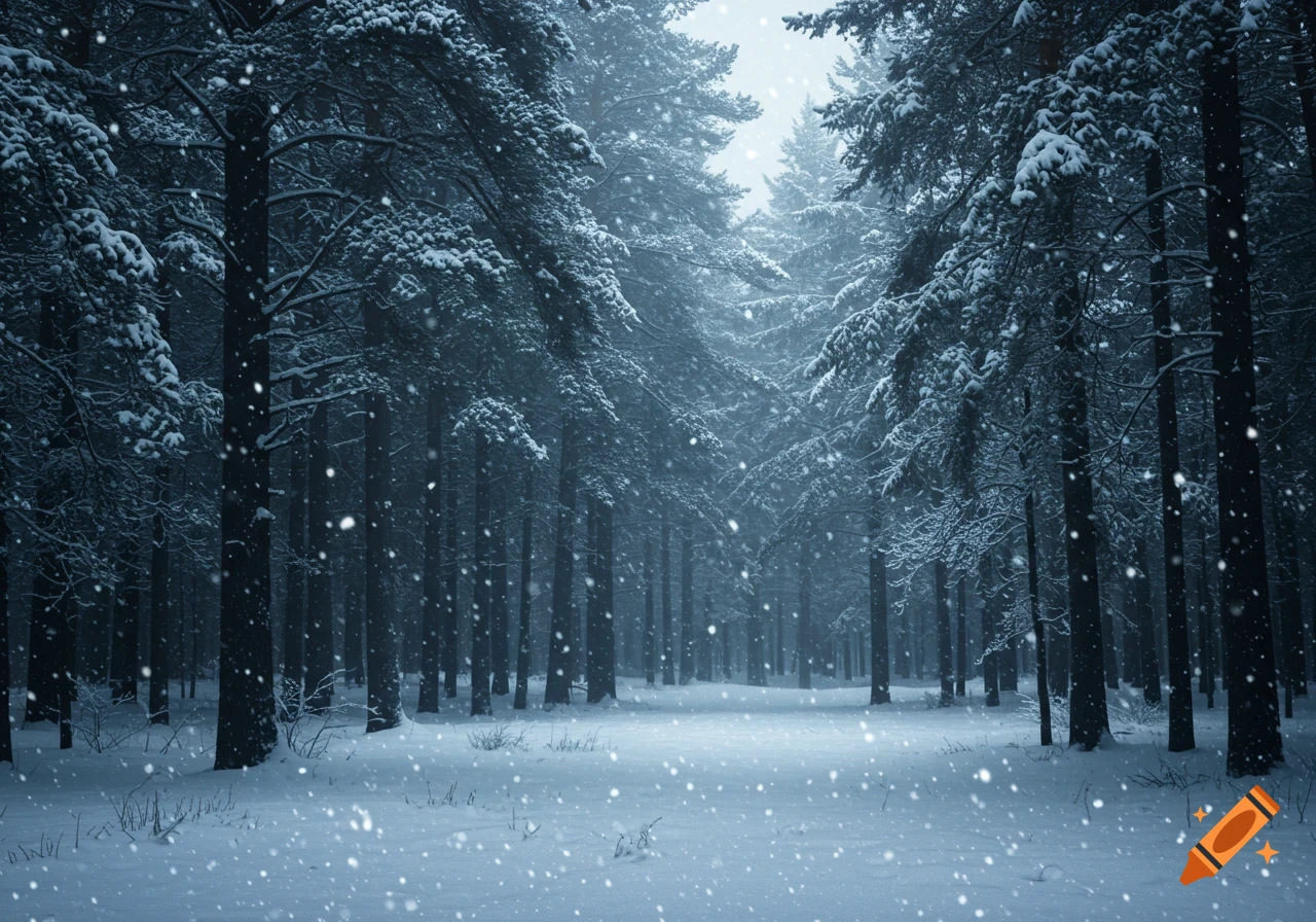 A photorealistic image of a snowy pine forest with falling snow.